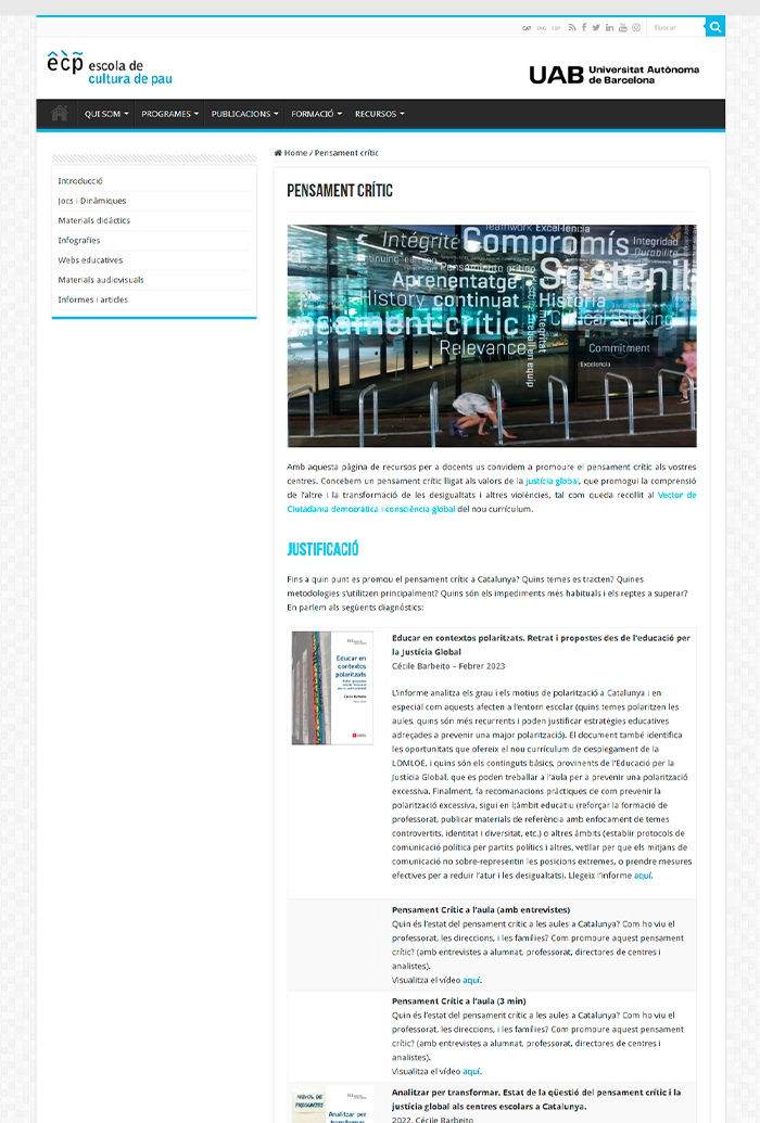 Web sobre pensament crític de l’Escola de de Cultura de Pau de la Universitat Autònoma de Barcelona